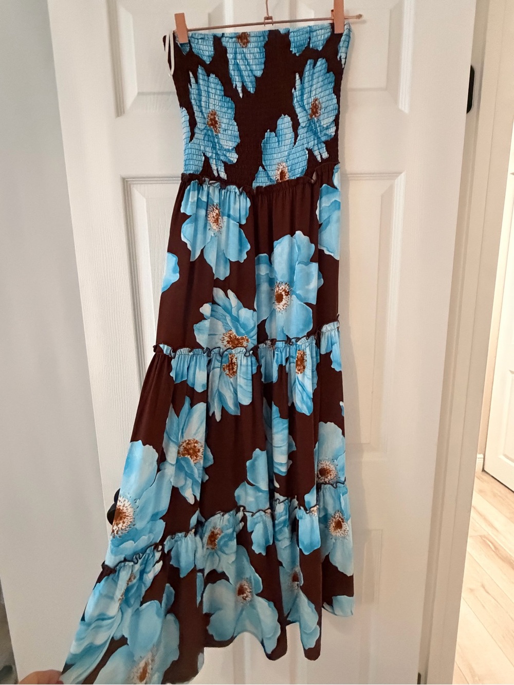 Floral Strapless Maxi Dress - Blue Floral on Brown
